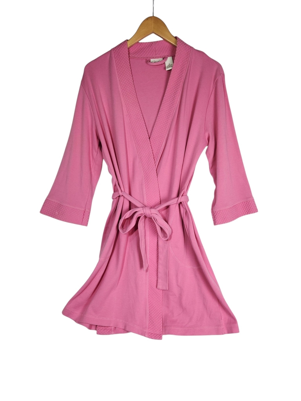 Kim Rogers Pink Wrap Robe Small Cotton Blend Tie Waist 3/4 Sleeve Loungewear Y2K